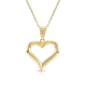 14K Real Solid Yellow Gold Classic Open Heart Pendant Charm Necklace 18 in - Picture 1 of 14