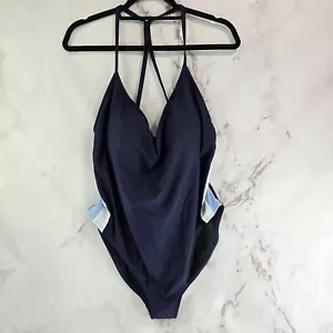 J Crew One Piece 22 3X Blue Open Back T Swim Suit Padded V Plunge Bikini BF083 - Picture 1 of 15