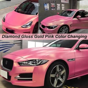 Glossy Pink to Gold Vinyl Wrap Diamond Pink Car Body Film Decal Chameleon Color - Picture 1 of 9