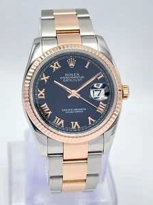 Rolex Datejust 116231 36mm Black Rose Gold Roman Black Dial Two Tone Box Papers - Picture 1 of 16