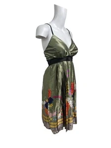 Womens Satin Slip Dress Size XS 6-8 Olive Green Handmade Ruffle Back NEW EU34 - Picture 1 of 9