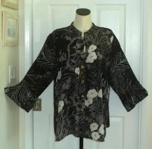 Citron Santa Monica Silk Black White Gray Floral Butterflies Asian Top 1X XL 50B - Picture 1 of 16