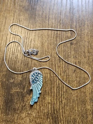 Teal Angel Wing Feather Pendant With  20" Sterling Necklace WING IS NOT STERLING - Image 1 of 3