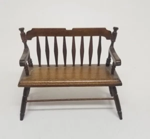 Dollhouse Miniature Wood Deacons Bench Spindle Back Wood Tone 3in x 3.5in - Picture 1 of 8