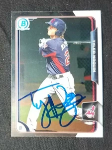 Tarjeta de novato firmada por Tyler Naquin Mets 2015 Bowman cromada radiocontrol automática Indians pre - Imagen 1 de 2