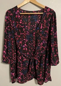 Torrid Womens Top 2X Black Purple Abstract Chiffon 3/4 Sleeve Tie Front Modern - Picture 1 of 7