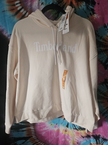 OFF WHITE Timberland Felpa con Cappuccio Cropped Donna XL Vestibilità Oversize Panna W Bianco