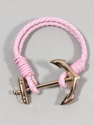 Nautical Beachy Coastal Pink Braided Leather Cord Anchor Bracelet 7 inch - Image 1 of 4
