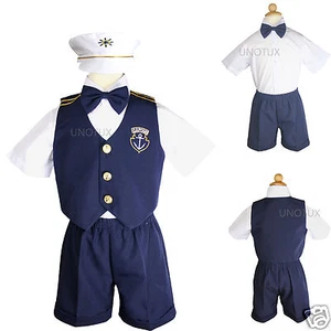 NUEVO Bebé Niño Pequeño Marinero Azul Marino Pascua Formal Pantalones Cortos Sombrero Traje Conjunto - Imagen 1 de 8