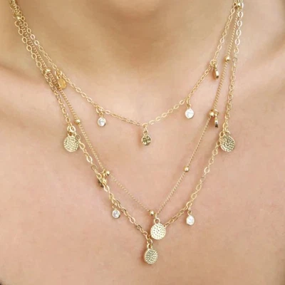 Collar Ettika Cristal Detallado Triple Capa Delicado Disco Dije Boho Gitano Foto 1 de 4