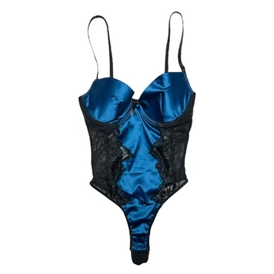 Frederick's of Hollywood Beatrice 缎面蕾丝泰迪公主蓝色/黑色 Med — 第 1/4 张图片