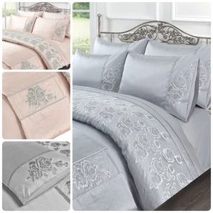 Amara Bedding Collection – Fancy Pink & Silver Embroidered Sequin Duvet Covers - Picture 1 of 14