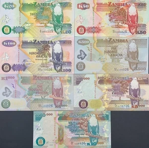 Zambia 20 50 100-10000 Kwacha 1992-11 P 36 37 38 43-46 Paper Polymer UNC Set 7 p - Picture 1 of 4
