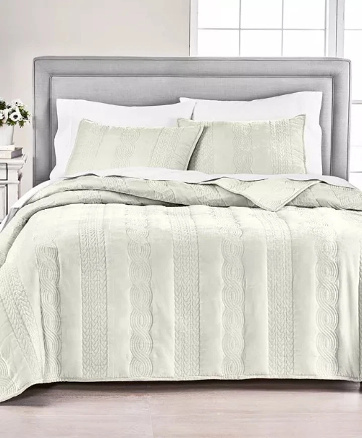 Martha Stewart "Cableknit Velvet" 3 Pc F/Q Quilt Set W/Shams, Ivory, NWT! - Image 1 of 4