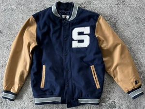 Vintage Starter Penn State Varsity Jacke Snap Up/Zip hellbraun Lederärmel Gr. XL - Bild 1 von 15