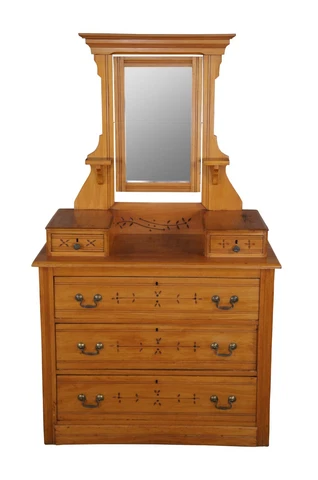 Antique Victorian Carved Pine Step Back Dresser & Mirror Glovebox Drawers Chest Cover