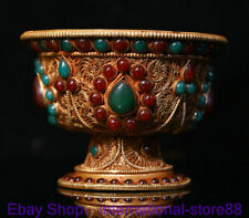 4" Rare Old Tibetan Filigree Gold Gems Buddhism Offering Bowl Bowls