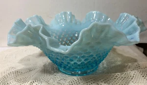 Vtg Fenton Hobnail Blue Aqua Opalescent LG Glass Bowl Ruffled Edges 10”D - Picture 1 of 5