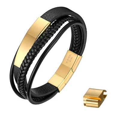 Brazalete brazalete de cuero trenzado de acero inoxidable con puño magnético para hombre Foto 1 de 4