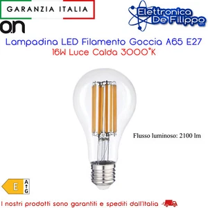 Lampadina LED Filamento Goccia A65 E27 16W Luce Calda 3000K - Foto 1 di 2