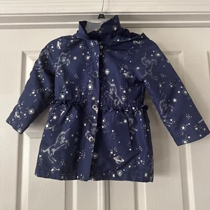 London Fog Girls Unicorn Stars Raincoat Size 6 Navy Blue Outerwear Hooded Ruffle - Picture 1 of 17