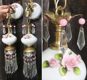 2 Apelines Lámpara Rosa Barbola Rosa Vintage Porcelana Cuentas Latón Tole Luz Desgastada - Imagen 1 de 12