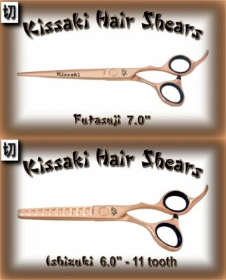 Combo tesoura de corte de cabelo Kissaki 7,0" e tesouras de desbaste de 11 dentes ouro rosa - Imagem 1 de 3