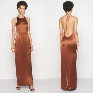 NWT STAUD Clove BROWN Janet HALTER Open Back SATIN Slip MAXI DRESS 12 - Picture 1 of 16