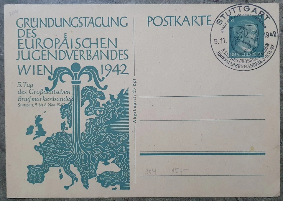 5th Day of the Great German Stamp Trade Stuttgart 1942 Hilter Occupation Card - Image 1 of 1