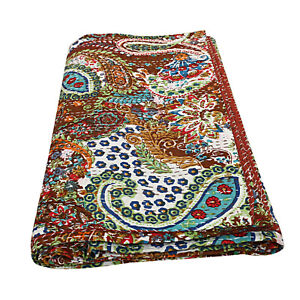 Brown Paisley Cotton Floral Kantha Quilt King Size Reversible Blanket Bedding