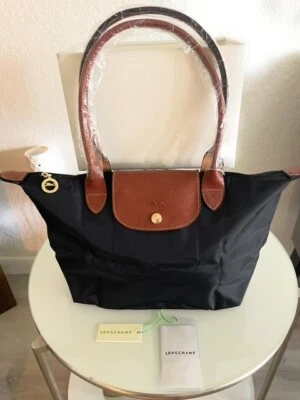 Longcamp Le Pliage Medium Size Tote Bag in Black Canvas and brown leather - Image 1 of 4