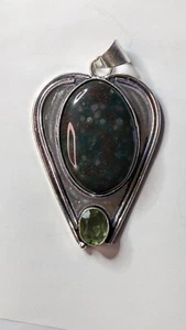 Vintage Red Blue Bloodstone Green Apatite 925 Sterling Silver Pendant 1960s - Picture 1 of 7