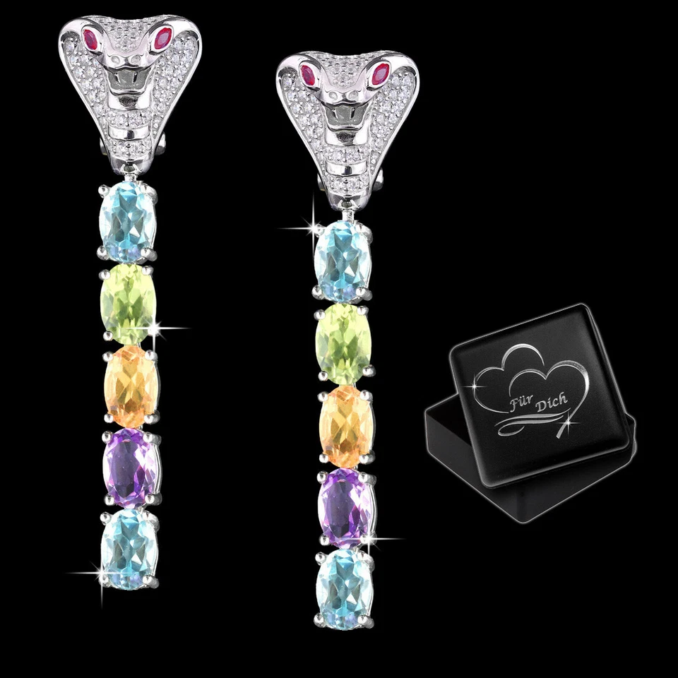 Echt Citrin Peridot Amethyst Topas Schlange Kobra Ohrringe Hänger 925 Silber C26 - Bild 1 von 3