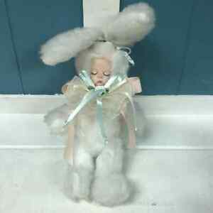 8” Antique Baby Bunny White Easter Rabbit Plush Doll Porcelain face opposable