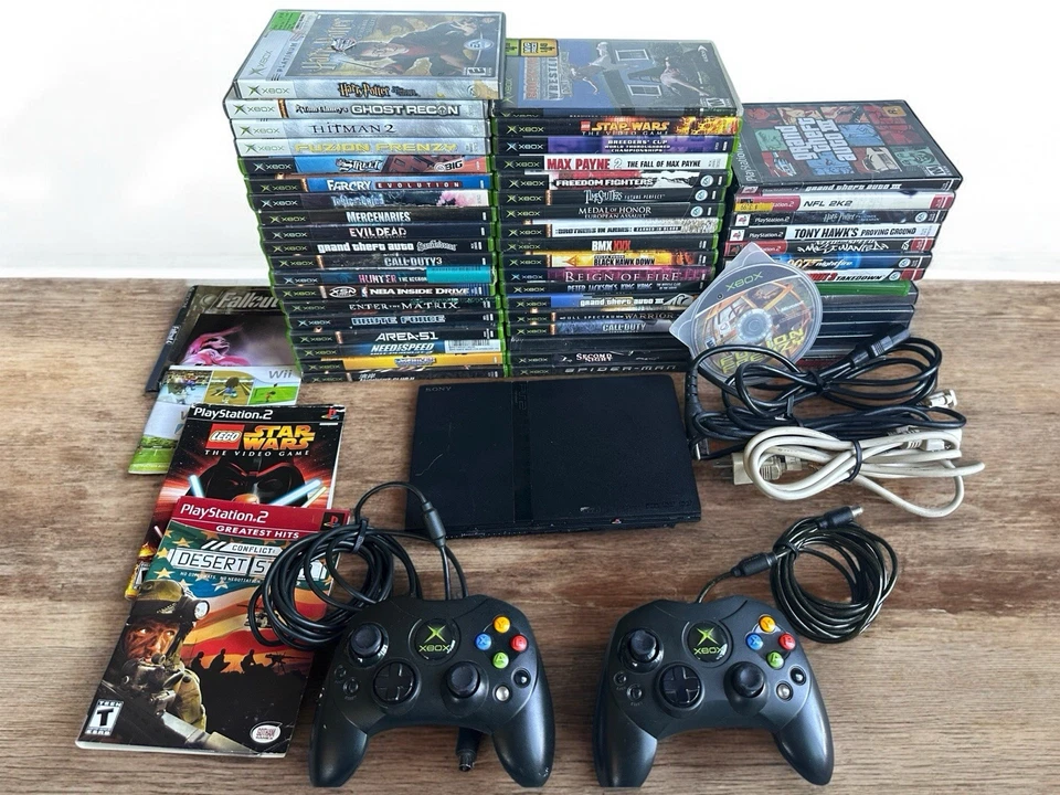 Xbox PS2 Lot 50+ Games, Sony PS2 Slim Console 2 OEM Controllers Huge Gaming Lot - Image 1 of 4