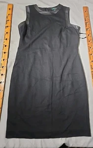 Lauren Ralph Lauren Dress 14 Petite Black Genuine Leather Trim Ponte Sheath - Picture 1 of 10