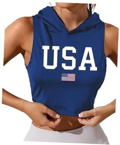 American Flag Tank Tops for Women USA Flag Crop Tops Patriotic 4th Small Blue-1 - Picture 1 of 3