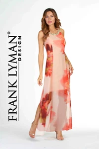 FRANK LYMAN STRIKING PEACH OVERLAY LONG SLEEVELESS COCKTAIL DRESS SIZE 12 BNWT - Picture 1 of 10