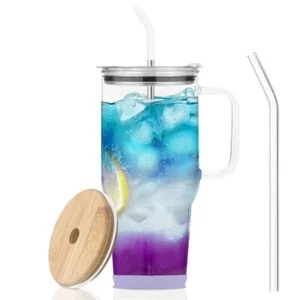 32 Oz Glass Tumbler With Straw And Bamboo Lid Large Capacity Glass Water Cup Wit - Picture 1 of 7