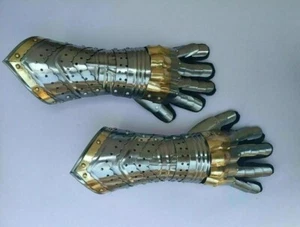 Guantes Guantelete Acentos de Armadura Caballero Cruzado Medieval Par Hecho a Mano Latón Acero - Imagen 1 de 8