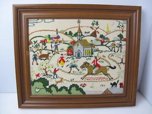 Vintage Embroidered Yarn Art Framed Wall Hanging Needlepoint Stitch 18x15 People - Picture 1 of 6