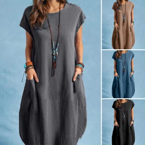 Women's Summer Short Sleeve Midi Dress Loose Plain Long Midi T-Shirt Dress Tunic - Picture 1 of 16