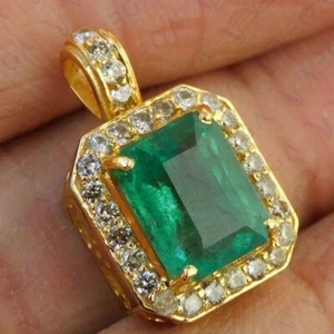 5.84ct Emerald Natural Emerald Diamond Solid 14K Yellow Gold Pendant No Chain - Picture 1 of 12