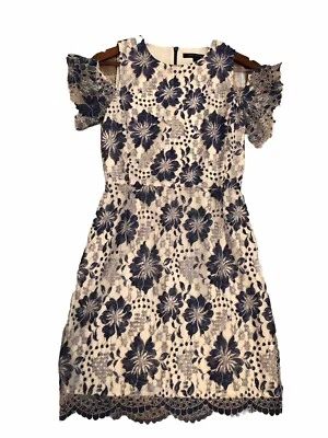 French Connection Juniors Size 2 Blue And White Lace Dress Cold Shoulder Lined - image 1 of 4