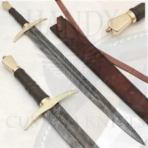 Handmade Forged Damascus Steel Templar Viking Sword With Leather Handle&SHEATH - Picture 1 of 8