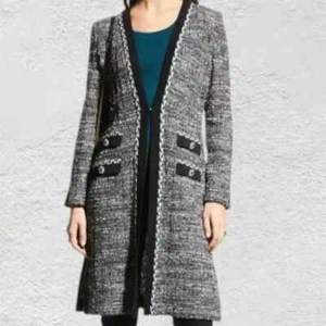 Misook Womens Black Teal Eyelash Tweed Knit Duster One Hook Cardigan Size Medium - Picture 1 of 11