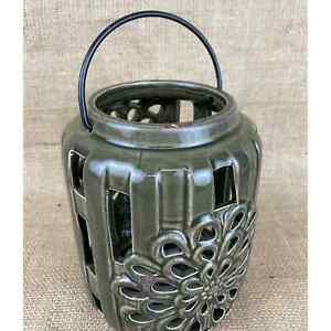 Green Rustic Ceramic Candle Holder Cutout Cylinder Outdoor Lantern Luminaire