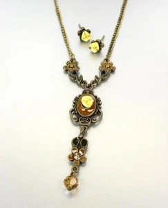 NUEVO Victorian Antique Gold Brown Enamel Floral Crystals Collar Eardresss Set - Imagen 1 de 4