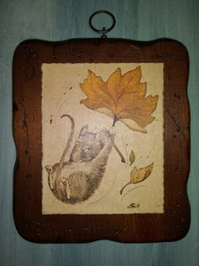 Vintage Kunst Wandbehang ~ handgefertigte Maus im Wind signierter Druck von G. Puett 7x6 - Bild 1 von 7
