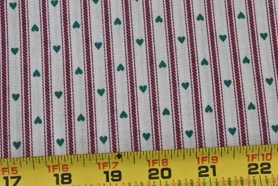 20" Long, Vintage, Green Hearts & Burgundy Stripes on Cream Quilt Cotton, V47 - Image 1 of 4